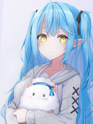 Rule 34 | 1girl, absurdres, ahoge, aran sweater, black ribbon, blue hair, blush, cable knit, colored tips, elf, embarrassed, fmg, grey sweater, hair between eyes, hair ribbon, highres, hololive, hug, long hair, looking at viewer, multicolored hair, pointy ears, ribbon, solo, streaked hair, sweater, twintails, upper body, virtual youtuber, yellow eyes, yukihana lamy, yukihana lamy (casual), yukimin (yukihana lamy)