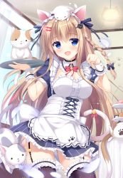 Rule 34 | 1girl, :d, animal, animal ears, bell, black thighhighs, blush, breasts, bridal garter, brown hair, cat, cat ears, cat hair ornament, cat tail, cleavage, collar, contrapposto, curtains, detached collar, frilled thighhighs, frills, garter straps, hair ornament, hairclip, highres, holding, indoors, jingle bell, maid, maid headdress, moe2016, neck bell, open mouth, original, paw pose, smile, solo, standing, tail, tail bell, tail ornament, thighhighs, tomoo (tomo), too many, too many cats, tray, waitress, window, wrist cuffs, zettai ryouiki