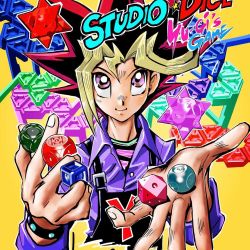 Rule 34 | 1boy, apron, bad id, bad instagram id, blonde hair, bracelet, collared shirt, commentary request, cropped, dice, dyed bangs, holding dice, jewelry, long sleeves, looking at viewer, male focus, multicolored hair, muto yugi, purple eyes, purple shirt, shirt, smile, solo, spiked hair, takahashi kazuki, upper body, yu-gi-oh!, yu-gi-oh! duel monsters