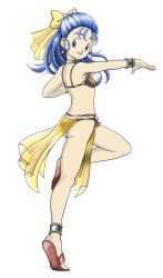 Rule 34 | 1girl, :d, absurdres, alternate costume, ankle cuffs, anklet, ass, bikini, bikini top only, blue eyes, blue hair, bracelet, breasts, choker, dancer, dancer&#039;s costume (dq), dragon quest, dragon quest v, earrings, female focus, flora (dq5), full body, hair ribbon, half updo, highres, jewelry, leg lift, leg up, loincloth, long hair, matching hair/eyes, open mouth, professormegaman, ribbon, sandals, smile, solo, standing, standing on one leg, swimsuit, transparent background, yellow ribbon