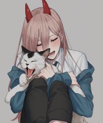 Rule 34 | 1girl, animal, black pants, blue jacket, blush, cat, chainsaw man, demon girl, demon horns, closed eyes, get out tt, grey background, highres, horns, hug, jacket, jacket over shoulder, unworn jacket, long hair, meowy (chainsaw man), necktie, open mouth, pants, pink hair, power (chainsaw man), red horns, sharp teeth, shirt, smile, solo, teeth, very long hair, white shirt