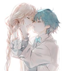 Rule 34 | 1boy, 1girl, blue bow, blue hair, blush, bow, braid, closed eyes, collared shirt, commentary request, disembodied head, facing another, fate/extra, fate/extra ccc, fate (series), hair between eyes, hands up, hans christian andersen (fate), holding, korean commentary, long hair, long sleeves, nonockha, nursery rhyme (fate), parted lips, shirt, twin braids, twintails, very long hair, vest, white shirt, white vest
