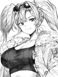 Rule 34 | 1girl, breasts, cleavage, closed mouth, crop top, eyewear on head, fur-trimmed jacket, fur trim, granblue fantasy, greyscale, highres, jacket, large breasts, long hair, long sleeves, looking at viewer, midriff, monochrome, monogrbl, open clothes, open jacket, parted lips, sidelocks, smile, solo, sunglasses, twintails, upper body, zeta (dark) (granblue fantasy), zeta (granblue fantasy)