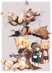 Rule 34 | 2girls, animal ear fluff, animal ears, arknights, artist name, bandaged arm, bandaged leg, bandages, barefoot, blonde hair, closed eyes, commentary request, cuora (arknights), earrings, fang, female focus, fingerless gloves, fox ears, fox girl, fox tail, gloves, grin, hair ornament, hairclip, highres, indian style, jacket, jewelry, looking at viewer, lying, material growth, medium hair, mitake eil, multiple earrings, multiple girls, multiple views, navel, necklace, notched ear, on back, on side, one eye closed, open mouth, originium (arknights), oripathy lesion (arknights), partial commentary, pillow, poncho, prosthesis, prosthetic arm, scar, shirt, short shorts, shorts, sitting, skin fang, sleeping, smile, tail, translated, vermeil (arknights), white shirt, yawning, yellow eyes, zzz