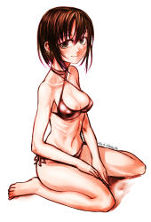 Rule 34 | 1girl, bare arms, bare shoulders, barefoot, bikini, blush, breasts, brown hair, closed mouth, criss-cross halter, dated, covered erect nipples, from side, full body, green eyes, halterneck, highres, kotoba noriaki, large breasts, looking at viewer, looking to the side, original, short hair, side-tie bikini bottom, signature, simple background, sitting, smile, solo, swimsuit, wariza, white background