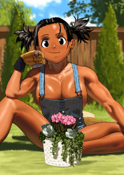 Rule 34 | 1girl, arung samudra (cessa), black eyes, blue sky, breasts, cessa, cleavage, cloud, cloudy sky, dark-skinned female, dark skin, earrings, feet out of frame, fence, flower, gloves, hand up, jewelry, large breasts, looking at viewer, naked overalls, no bra, ombok diving and delivery services, outdoors, overalls, pink flower, plant, shadow, sitting, sky, smile, solo, white flower, yellow gloves