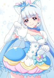 Rule 34 | animal ears, aqua hairband, blue crown, bow, breasts, cat ears, choker, cleavage, cosplay, cowboy shot, crown earrings, cure macaron, cure macaron (cosplay), cure nyammy, dress, dress bow, earrings, elbow gloves, extra ears, gloves, hair ornament, hairband, highres, jewelry, kirakira precure a la mode, long hair, looking at viewer, magical girl, medium breasts, momotarouooi, multicolored bow, pointed crown, pom pom (clothes), pom pom earrings, precure, smile, white dress, white gloves, wonderful precure!
