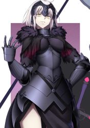 Rule 34 | 1girl, armor, armored dress, black dress, breasts, chain, commentary request, dress, fate/grand order, fate (series), faulds, flag, fur trim, gauntlets, headpiece, jeanne d&#039;arc (fate), jeanne d&#039;arc alter (avenger) (fate), jeanne d&#039;arc alter (avenger) (first ascension) (fate), jeanne d&#039;arc alter (fate), large breasts, silver hair, smile, solo, standing, sword, takahan, thighs, weapon, yellow eyes