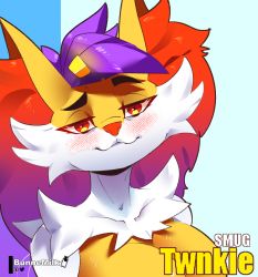 Rule 34 | 1girl, :3, animal ear fluff, animal ears, animal nose, artist name, blue background, body fur, braixen, breasts, bunnemilk, closed mouth, collarbone, creatures (company), english text, female focus, fox ears, fox girl, furry, furry female, game freak, gen 6 pokemon, hair ornament, hairclip, half-closed eyes, happy, looking at viewer, medium breasts, neck fur, nintendo, patreon logo, patreon username, pokemon, pokemon (creature), purple hair, raised eyebrow, red eyes, short hair, simple background, smile, solo, twitter logo, twitter username, two-tone fur, upper body, watermark, white fur, yellow fur