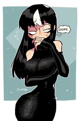 Rule 34 | 1girl, absurdres, arm under breasts, black dress, black gloves, black hair, blush, breasts, covering own mouth, detached sleeves, dress, elbow gloves, english text, gloves, highres, jaggy lines, large breasts, long dress, long hair, multicolored hair, narrow waist, noss (rariatto), original, outside border, rariatto (ganguri), speech bubble, streaked hair, vampire, white hair