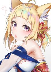 Rule 34 | 1girl, absurdres, ahoge, animal ears, ariake (azur lane), azur lane, bare shoulders, bell, blonde hair, breasts, cat ears, commentary request, finger to face, hair ornament, highres, looking at viewer, medium breasts, open mouth, portrait, purple eyes, simple background, solo, white background, yayoichi (yoruyoru108)