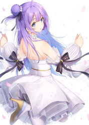 Rule 34 | 1girl, ahoge, azur lane, bare back, bare shoulders, blue eyes, bow, choker, collarbone, commentary request, detached sleeves, dress, earrings, flower, frilled dress, frills, from behind, gemini (feng), hair between eyes, hair bow, hair bun, hair flower, hair ornament, hair ribbon, high heels, jewelry, long hair, looking at viewer, looking back, one side up, outstretched arms, parted lips, petals, puffy sleeves, purple eyes, purple hair, ribbon, simple background, single hair bun, solo, spread arms, standing, standing on one leg, unicorn (a dream of pure vows) (azur lane), unicorn (azur lane), wedding dress, white background, white dress, white legwear