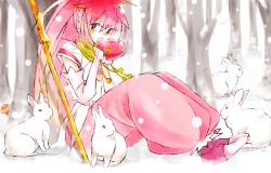 Rule 34 | 1girl, arche klein, black eyes, blush, bra, rabbit, elbow gloves, forest, gloves, long hair, mushroom, open mouth, pants, pink eyes, pink hair, ponytail, ribbon, scarf, shoes, snow, tales of (series), tales of phantasia, underwear