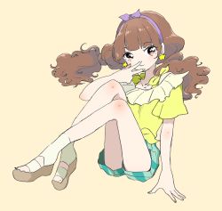 Rule 34 | 1girl, amanogawa kirara, brown hair, butadon, earrings, go! princess precure, hairband, jewelry, precure, purple eyes, sandals, short shorts, shorts, smile, solo, star (symbol), star earrings, striped clothes, striped shorts, twintails, v