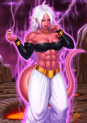 Rule 34 | 1girl, abs, absurdres, android 21, aura, biceps, black sclera, bracelet, breasts, colored sclera, colored skin, dragon ball, dragon ball fighterz, earrings, ero-chong, fangs, female focus, highres, hoop earrings, jewelry, light purple hair, long hair, looking at viewer, majin (race), majin android 21, monster girl, muscle, muscular, muscular female, nail polish, navel, pants, pink skin, pointy ears, red eyes, smile, solo, tail, teeth, tongue, veins, white hair