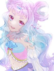 Rule 34 | 1girl, :d, absurdres, ap (pixiv74197750), blue hair, character name, choker, cure la mer, detached sleeves, floating hair, gradient hair, hair ornament, highres, long hair, long sleeves, looking at viewer, midriff, multicolored hair, navel, open mouth, pink eyes, pink hair, precure, smile, solo, stomach, strapless, tropical-rouge! precure, very long hair, white choker, white sleeves