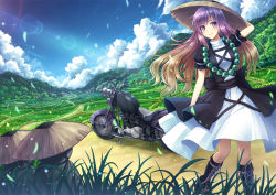 Rule 34 | 1girl, akashio (loli ace), black dress, blonde hair, blue sky, boots, cloud, cross-laced footwear, day, dress, forest, grass, hat, hijiri byakuren, jewelry, landscape, layered dress, lens flare, long hair, motor vehicle, motorcycle, nature, necklace, outdoors, puffy sleeves, purple eyes, purple hair, rice paddy, sky, smile, solo, statue, touhou, vehicle, very long hair, white dress, wind