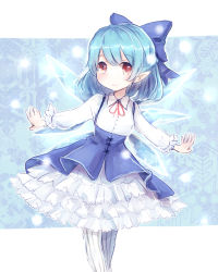Rule 34 | 1girl, adapted costume, blue dress, blue hair, bow, cirno, dress, hair bow, highres, ice, ice wings, long sleeves, mochi0103, mochiko (mocchikkoo), outstretched arms, pantyhose, petticoat, pointy ears, red eyes, shirt, smile, solo, striped clothes, striped pantyhose, touhou, vertical-striped clothes, vertical-striped pantyhose, wings