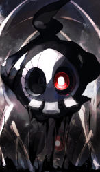 Rule 34 | arms behind back, creatures (company), dark background, duskull, floating, game freak, gen 3 pokemon, glowing, glowing eye, highres, looking at viewer, nintendo, no humans, pemuchi (chikuwa 3296), pokemon, pokemon (creature), red eyes, reflection, shadow, solo
