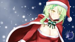 Rule 34 | 1girl, absurdres, bow, breasts, ceres fauna, christmas, green hair, hat, highres, holocouncil, hololive, hololive english, large breasts, long hair, looking at viewer, md5 mismatch, merriegold d, santa costume, santa hat, self-upload, snow, virtual youtuber, yellow eyes