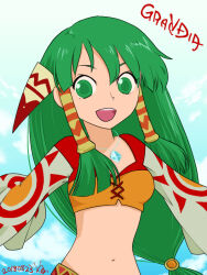 Rule 34 | 1girl, :d, breasts, cloud, copyright name, dated, feena (grandia), grandia, grandia i, green eyes, green hair, hair ornament, hair tubes, jewelry, long hair, looking at viewer, low-tied long hair, matibito kozu, medium breasts, midriff, navel, necklace, open mouth, smile, solo