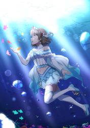 Rule 34 | 1girl, absurdres, akiueake, aqua footwear, aqua skirt, aquarium, artist name, artist request, bare shoulders, blue bow, blue eyes, blush, bow, bowtie, breasts, capelet, crop top, detached sleeves, dress, earrings, female focus, frilled capelet, frills, full body, grey hair, hair bow, hair ornament, highres, jewelry, koi ni naritai aquarium, light brown hair, looking at viewer, love live!, love live! sunshine!!, medium breasts, navel, off-shoulder dress, off shoulder, parted lips, ribbon, shoes, short hair, skirt, small breasts, smile, solo, striped bow, striped bowtie, striped clothes, thighhighs, tiara, watanabe you, white bow, white ribbon, white thighhighs