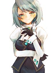 Rule 34 | 1girl, ace attorney, ascot, black skirt, black vest, blue brooch, blue eyes, blue gemstone, blue hair, blush, bow, bowtie, brooch, buttons, closed mouth, cowboy shot, crossed arms, diamond button, earrings, formal, franziska von karma, gem, han (hn-khk), hand on own chest, hand up, highres, jewelry, juliet sleeves, long sleeves, looking at viewer, mole, mole under eye, puffy sleeves, shirt, short hair, simple background, skirt, skirt suit, sleeve cuffs, smile, solo, suit, swept bangs, triangle earrings, turtleneck, vest, white ascot, white background, white bow, white bowtie, white shirt