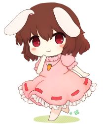 Rule 34 | 1girl, :3, animal ears, barefoot, blush, brown hair, carrot necklace, chibi, dress, full body, inaba tewi, jewelry, necklace, pendant, pink dress, rabbit ears, rei (tonbo0430), short hair, short sleeves, simple background, solo, touhou, white background