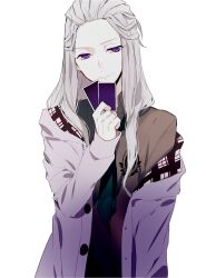 Rule 34 | 1boy, blue necktie, card, charade maniacs, closed mouth, coat, coat partially removed, grey hair, grey shirt, gyoubu souta, highres, long hair, long sleeves, looking at viewer, male focus, necktie, purple coat, purple eyes, qi7pi, shirt, smile, solo
