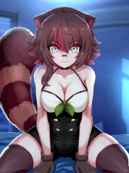 Rule 34 | 1girl, animal ears, asymmetrical sidelocks, bandaid, bandaid on face, bandaid on nose, bare arms, bare shoulders, black choker, black shorts, blue eyes, bow, breasts, brown gloves, brown hair, brown thighhighs, buttons, camisole, choker, cleavage, colored tips, gloves, green bow, hair between eyes, high-waist shorts, highres, indoors, large breasts, looking at viewer, multicolored eyes, multicolored hair, night, on bed, owozu, raccoon ears, raccoon girl, raccoon tail, rakkun sutaru, red eyes, red hair, short hair, short shorts, shorts, sitting, skindentation, slash-ex, spread legs, streaked hair, tail, thighhighs, two-tone hair, v-shaped eyebrows, virtual youtuber, white camisole