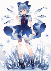 Rule 34 | 1girl, :o, abandon ranka, absurdres, blue eyes, blue hair, bow, cirno, dress, flower, food, hair bow, high heels, highres, ice, ice wings, open mouth, popsicle, ribbon, solo, touhou, white legwear, wings