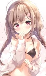 Rule 34 | 1girl, :&lt;, ahoge, amedamacon, bare shoulders, black bra, black panties, blush, bra, braid, breasts, brown hair, closed mouth, collarbone, commentary request, hair between eyes, hair ornament, hands up, long hair, long sleeves, looking at viewer, off shoulder, open clothes, open shirt, original, panties, rabbit hair ornament, red eyes, shirt, sleeves past wrists, small breasts, solo, sparkle background, twin braids, twintails, underwear, very long hair, white shirt