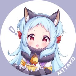 Rule 34 | !, 1girl, animal ear fluff, animal ears, animal hands, bell, black hairband, blue hair, blush, bow, character name, dress, drooling, fake animal ears, food, fur collar, gloves, grey background, grey gloves, hair bow, hairband, holding, holding food, long hair, looking at viewer, miyako (halloween) (princess connect!), miyako (princess connect!), open mouth, parted bangs, paw gloves, princess connect!, pudding, red bow, red eyes, saliva, setmen, solo, teeth, two-tone background, two side up, upper teeth only, v-shaped eyebrows, white background, white dress