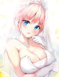 Rule 34 | 1girl, arm under breasts, bare shoulders, blue eyes, blush, breast hold, breasts, bridal veil, cleavage, collarbone, commentary request, dress, elbow gloves, flower, flower necklace, gloves, go-toubun no hanayome, hair between eyes, head tilt, jewelry, large breasts, looking at viewer, nakano ichika, narae, necklace, parted lips, pink hair, see-through, short hair, simple background, solo, strapless, strapless dress, tiara, upper body, veil, wedding dress, white background, white dress, white flower, white gloves
