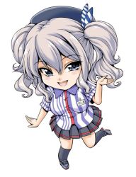 Rule 34 | 1girl, :d, bare arms, beret, black skirt, black socks, blue eyes, blue hat, breasts, chiaki tarou, chibi, collared shirt, employee uniform, eyebrows, full body, grey footwear, hair between eyes, hair ribbon, hand up, hat, kantai collection, kashima (kancolle), kneehighs, large breasts, lawson, leg up, long hair, looking at viewer, miniskirt, name tag, open mouth, pleated skirt, ribbon, shirt, silver hair, simple background, skirt, smile, socks, solo, striped clothes, striped ribbon, striped shirt, uniform, vertical-striped clothes, vertical-striped shirt, white background