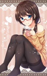 Rule 34 | 1girl, black pantyhose, blue eyes, brown hair, coffee, coffee mug, collarbone, commentary, cup, looking at viewer, low twintails, mug, off-shoulder shirt, off shoulder, original, panties, panties under pantyhose, pantyhose, pantyshot, ribbed sweater, shirt, sitting, solo, suna (transports), sweater, twintails, underwear