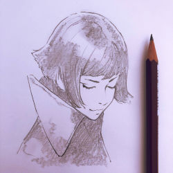 Rule 34 | 1girl, art tools in frame, bad id, bad tumblr id, closed eyes, closed mouth, fantastic beasts and where to find them, graphite (medium), harry potter (series), high collar, ilya kuvshinov, pencil, photo (medium), portrait, short hair, simple background, solo, traditional media, wizarding world