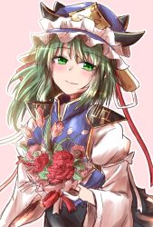 Rule 34 | 1girl, blush, bouquet, epaulettes, flower, green eyes, green hair, hat, hat ribbon, highres, looking at viewer, oshiaki, pink background, ribbon, shiki eiki, simple background, smile, solo, touhou, vest, wide sleeves