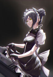 Rule 34 | 1girl, agent (girls&#039; frontline), asymmetrical hair, black dress, black gloves, black hair, bow, breasts, clothes lift, double bun, dress, frilled dress, frills, girls&#039; frontline, gloves, gun, hair between eyes, hair bun, highres, horns, light particles, looking at viewer, maid, maid headdress, moruhinesan, puffy short sleeves, puffy sleeves, sangvis ferri, shirt, short sleeves, simple background, solo, weapon, white bow, white shirt, yellow eyes