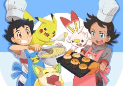 Rule 34 | 2boys, absurdres, apron, ash ketchum, black hair, blue background, blue eyes, brown eyes, chef hat, clenched teeth, creatures (company), dark skin, dark-skinned male, drooling, facial mark, food, game freak, gen 1 pokemon, gen 8 pokemon, goh (pokemon), hat, highres, male focus, mixing bowl, muffin, multiple boys, nintendo, official art, open mouth, oven mitts, pikachu, pokemon, pokemon (anime), pokemon (creature), pokemon journeys, scorbunny, shirt, spatula, t-shirt, teeth, tray, upper teeth only, whisk, white day, yamper, yasuda shuuhei