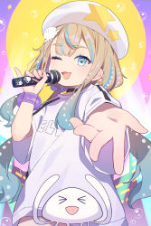 Rule 34 | 1girl, black choker, blue eyes, bracelet, choker, commentary request, highres, holding, holding microphone, jelee-chan, jewelry, light brown hair, long hair, looking at viewer, low twintails, microphone, multicolored hair, one eye closed, open mouth, reaching, reaching towards viewer, retyutyu tyu, shirt, sidelocks, solo, streaked hair, twintails, white beret, white shirt, yoru no kurage wa oyogenai