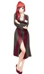 Rule 34 | 1girl, blue eyes, breasts, cleavage, crossed arms, dorifutogaazaru, dress, drift girls, full body, hair ornament, high heels, high ponytail, highres, large breasts, long hair, looking at viewer, official art, red footwear, red hair, shiny skin, shoes, simple background, solo, terauchi kozue, white background