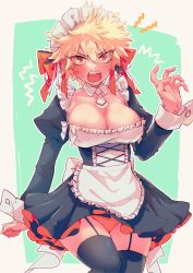 Rule 34 | absurdres, angry, apron, bakugou katsuki, blonde hair, blush, boku no hero academia, border, bow, breasts, eyes visible through hair, genderswap, genderswap (mtf), green background, highres, large breasts, maid, maid apron, maid headdress, open mouth, red bow, red eyes, ringwanderunger, skindentation, solo, spiked hair, standing, sweatdrop, thighhighs, white border, zettai ryouiki
