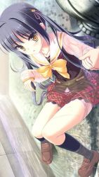 Rule 34 | 1girl, ahoge, artist request, black hair, black socks, character request, collarbone, copyright request, hair ornament, hair ribbon, holding hands, jpeg artifacts, kneehighs, knees together feet apart, loafers, long hair, long sleeves, neck ribbon, partially submerged, rain, ribbon, school uniform, shoes, skirt, socks, solo, star (symbol), star hair ornament, twintails, water, wet, yellow eyes, yellow ribbon