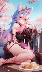 Rule 34 | 1girl, animal ear fluff, animal ears, black dress, blue eyes, blue hair, breasts, cherry blossom print, cherry blossoms, cleavage, clothing cutout, detached sleeves, dress, floral print, food, highres, indie virtual youtuber, large breasts, long hair, looking at viewer, multicolored hair, multicolored tail, navel cutout, pink hair, pink tail, rimuu, sandwich, silvervale, silvervale (sakura goddess), sitting, solo, tail, tiara, virtual youtuber, wolf ears, wolf girl, wolf tail