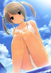 Rule 34 | 1girl, absurdres, bare arms, bare shoulders, blue sky, brown hair, cloud, coffee-kizoku, day, dutch angle, from below, green eyes, hands on own knees, highres, lens flare, looking at viewer, looking down, one-piece swimsuit, original, outdoors, scan, school swimsuit, sky, solo, squatting, swimsuit, twintails, wet, white one-piece swimsuit, white school swimsuit