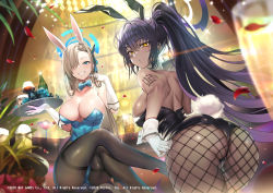 Rule 34 | 2girls, animal ears, ass, asuna (blue archive), asuna (bunny) (blue archive), back, bare shoulders, black hair, black leotard, blue archive, blue eyes, blue leotard, blush, bow, bowtie, breasts, brown legwear, cleavage, copyright request, curvy, dark-skinned female, dark skin, detached collar, elbow gloves, fake animal ears, fishnet legwear, fishnets, gloves, grin, hair over one eye, highleg, highleg leotard, highres, karin (blue archive), karin (bunny) (blue archive), large breasts, leotard, light brown hair, long hair, looking at viewer, looking back, mole, mole on breast, multiple girls, official alternate costume, official art, pantyhose, playboy bunny, ponytail, rabbit ears, sidelocks, smile, teddy (khanshin), thighs, thong leotard, traditional bowtie, white gloves, wide hips, yellow eyes