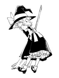Rule 34 | 1girl, black dress, bloomers, bow, braid, broom, dress, frilled dress, frills, greyscale, hair bow, hat, hat bow, kirisame marisa, looking at viewer, looking back, monochrome, natsume (menthol), puffy sleeves, sash, shoes, short sleeves, solo, touhou, underwear, white background, white bow, witch hat