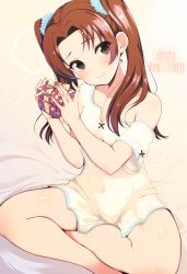 Rule 34 | 1girl, 3yuki, absurdres, alternate hair ornament, bed sheet, blue scrunchie, brown eyes, brown hair, character name, closed mouth, commentary, covered navel, gift, girls und panzer, hair ornament, hair scrunchie, highres, holding, holding gift, indian style, kadotani anzu, long hair, looking at viewer, off shoulder, on bed, pajamas, parted bangs, scrunchie, shirt, short sleeves, sitting, smile, solo, twintails, white shirt