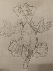Rule 34 | arms up, bandages, bone nig, boots, clenched hand, extra arms, grid background, highres, navel, open mouth, pouch, sketch, teeth, thigh pouch, thigh strap, traditional media